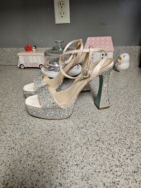 Betsey Johnson Sparkle Platform Sandals in Blush and Silver
